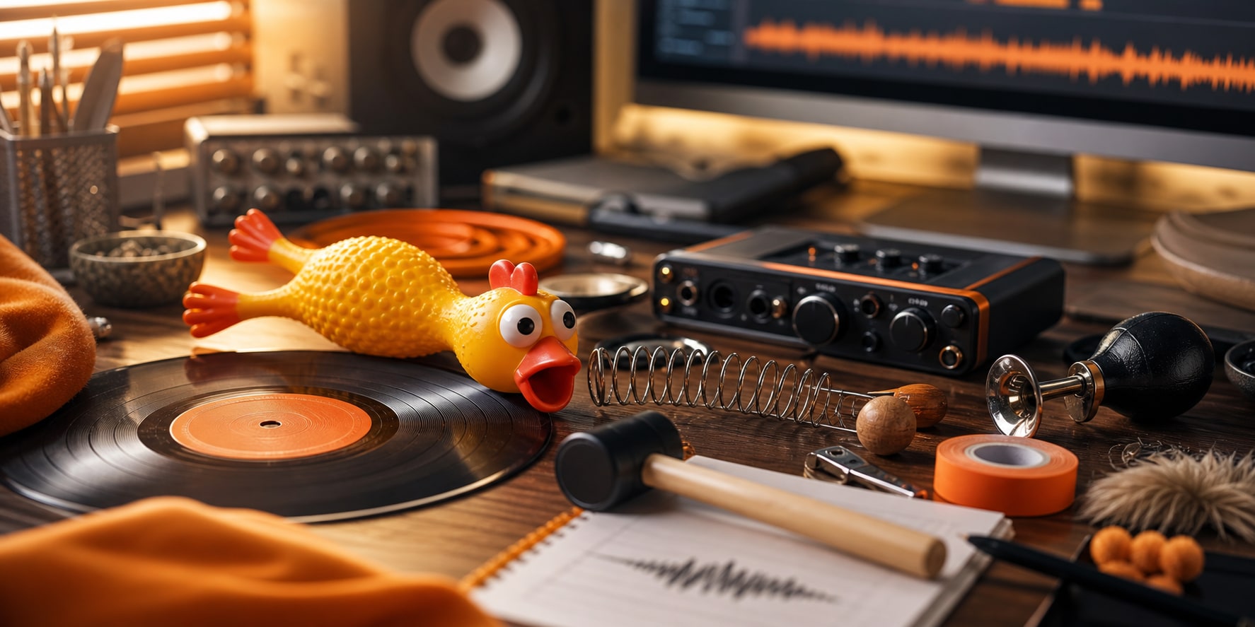 Goofy sound effects foley objects on a studio desk