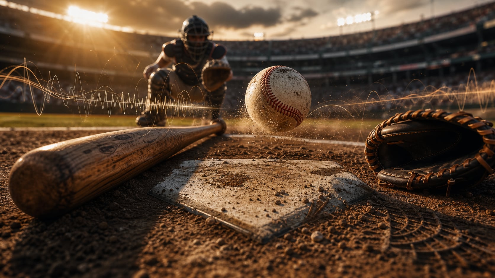 A baseball, bat, glove, home plate, dirt, and stadium sound-wave lines representing baseball Foley and crowd ambience.