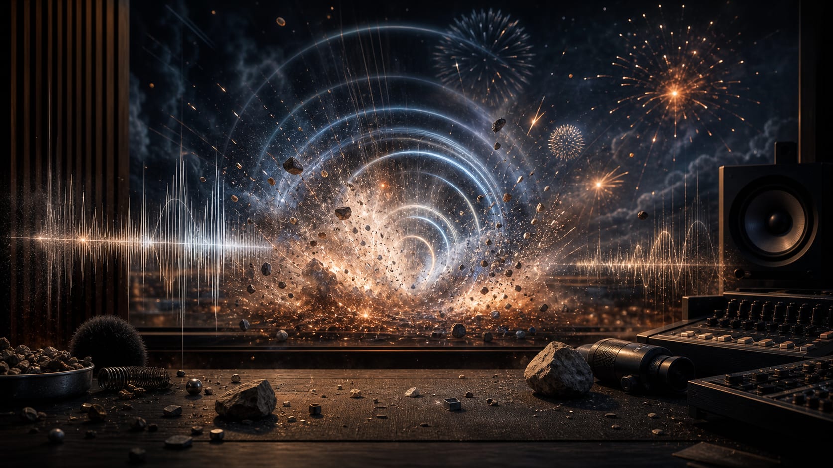 cinematic explosion sound effects with waveform shockwaves, fireworks, sparks, and debris