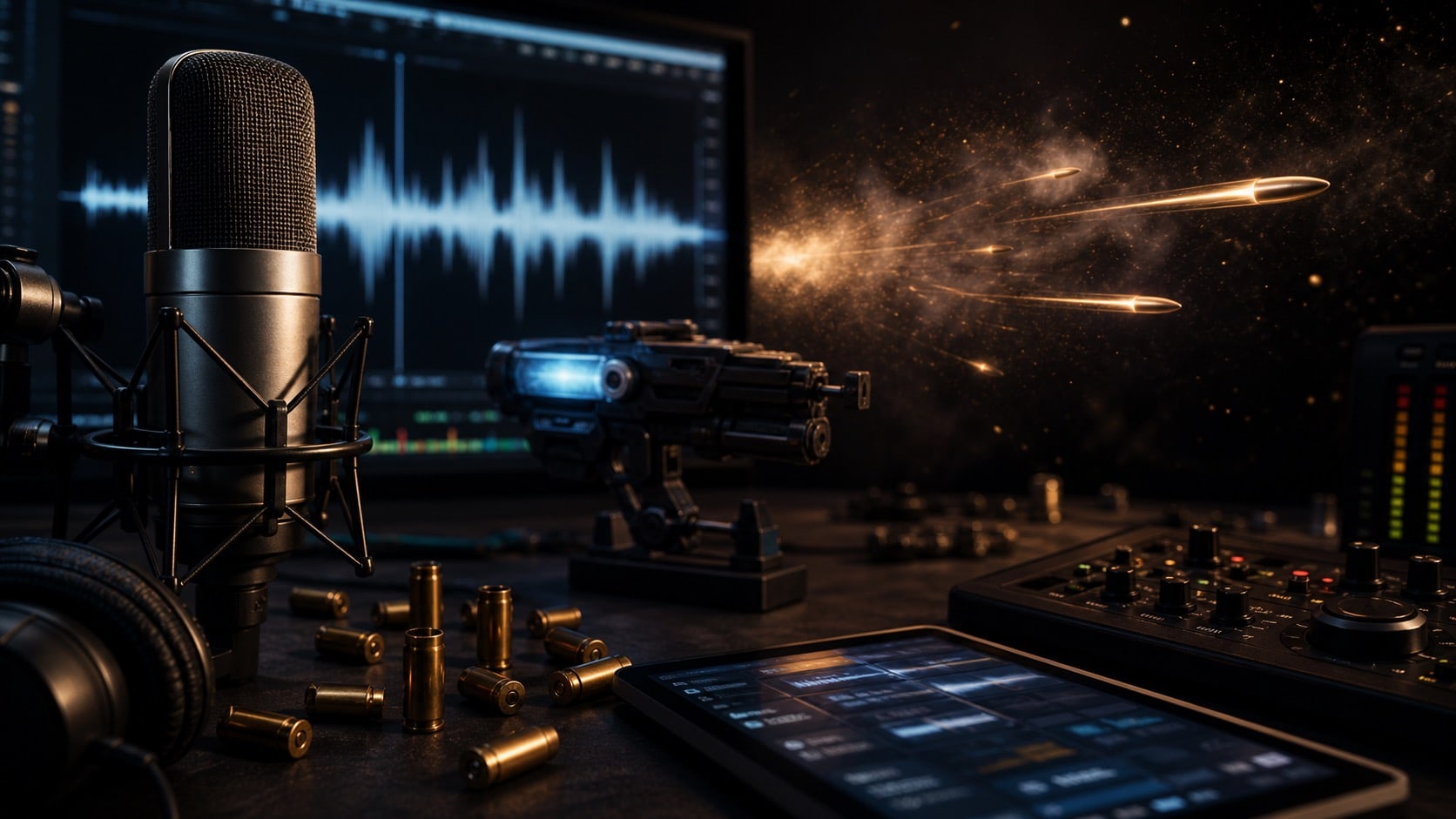 Gun sound effects hero image with studio microphone, waveform display, brass casings, and abstract projectile motion
