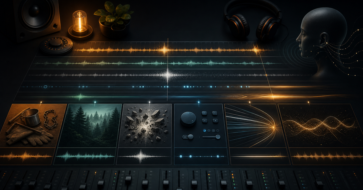 Sound effects categories arranged as waveform lanes in a modern editing workspace