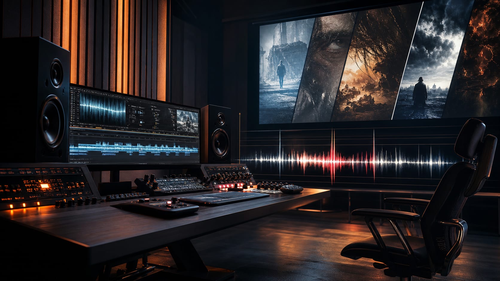 cinematic trailer sound design studio with waveforms, speakers, and film timeline