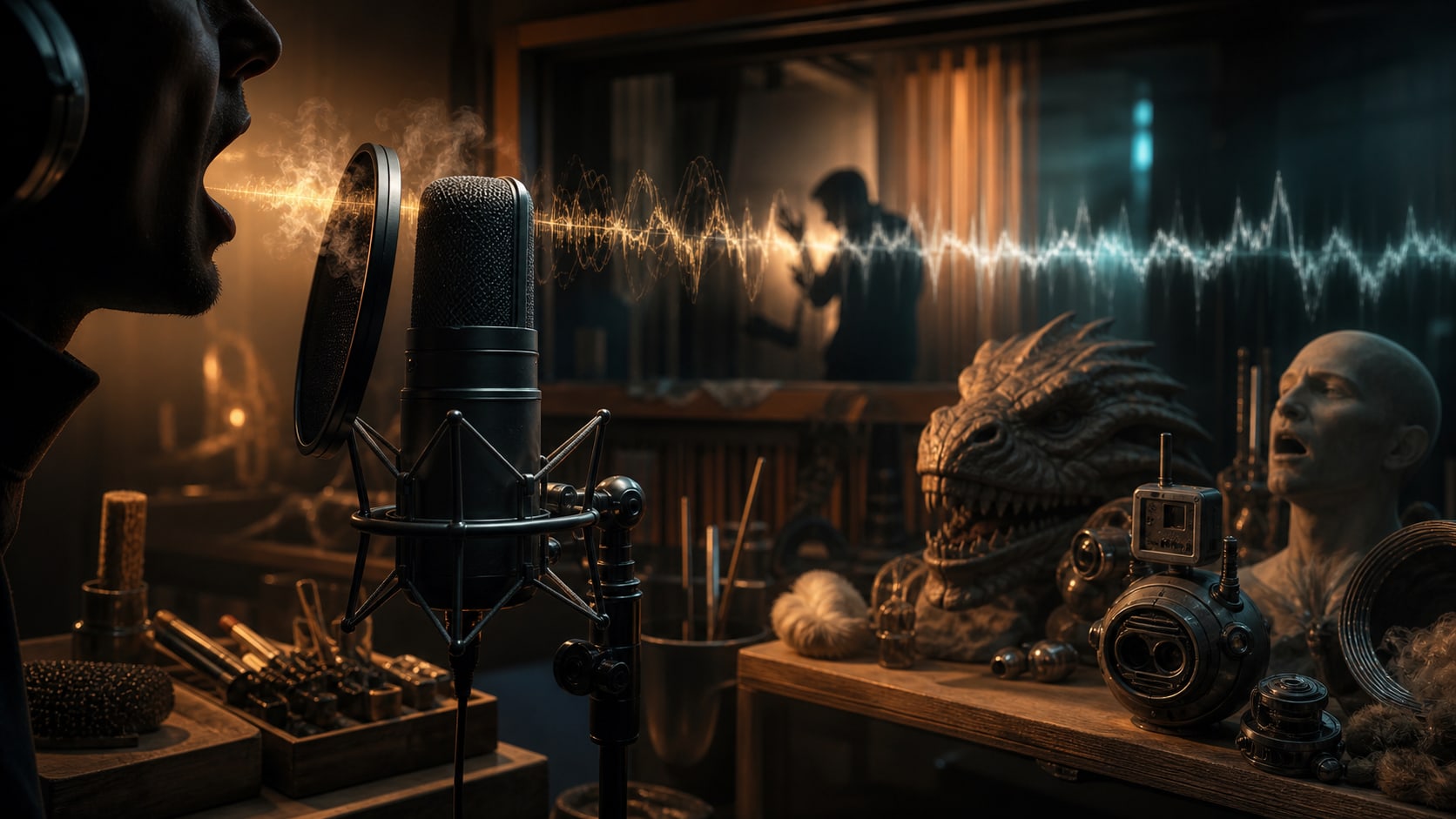 Film vocalization sound design session with microphone, performer, creature voice and droid cues